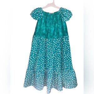 Grayce Girls Turquoise Abstract A-Line Dress Sz 10 Short Sleeve Ruffle Hand Made